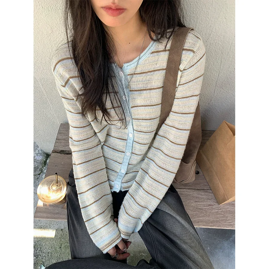 

Korean Style Retro Striped Knitted Open Cardigan Casual Versatile Single Button Long Sleeve Top