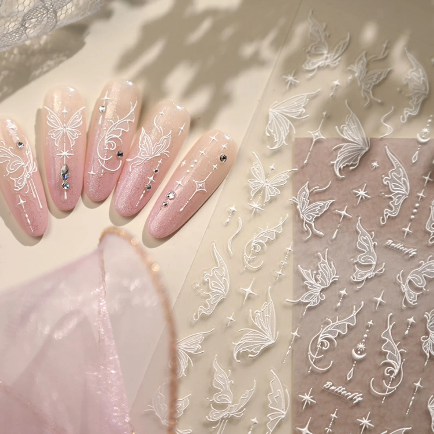 1pcs 5D Y2K Cold Butterfly Star Fantasy Embossed White Hollow Butterfly Star Magic Wand Streamer Nail Art Sticker Nail Decal DIY