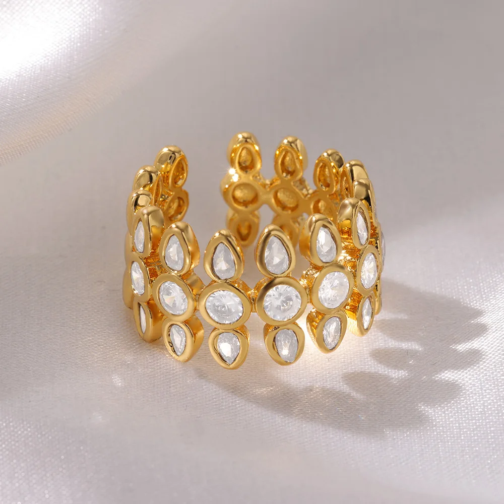 White Zircon Geometric Stainless Steel Rings For Women Gold Color Adjustable Wedding Aesthetic Ring Jewelry Gift Accessories