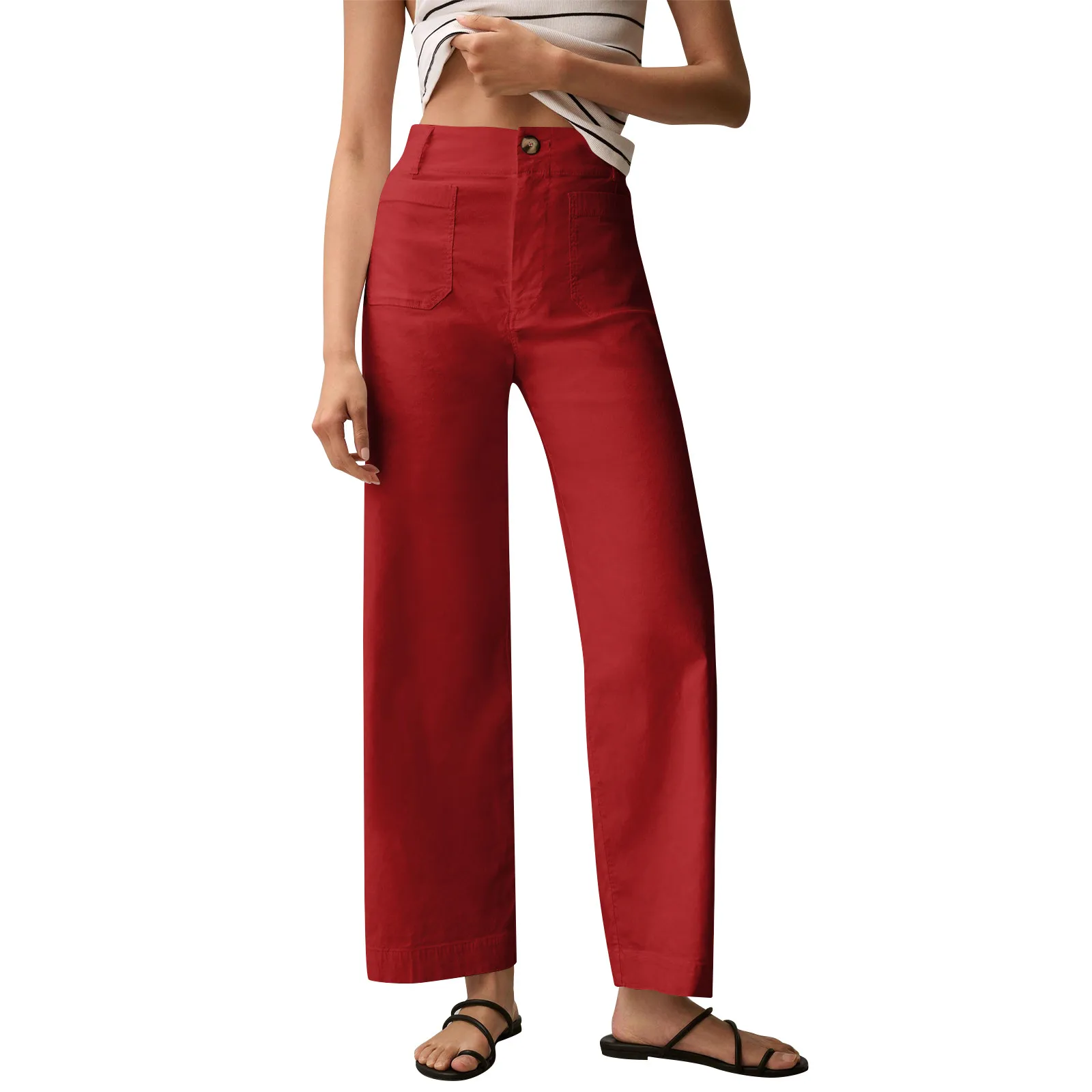 

Women'S Fashion Slim Fit Trousers Women'S Solid Color Casual Wide Leg Straight Nine Point Pants With Pockets Pantalones De Mujer