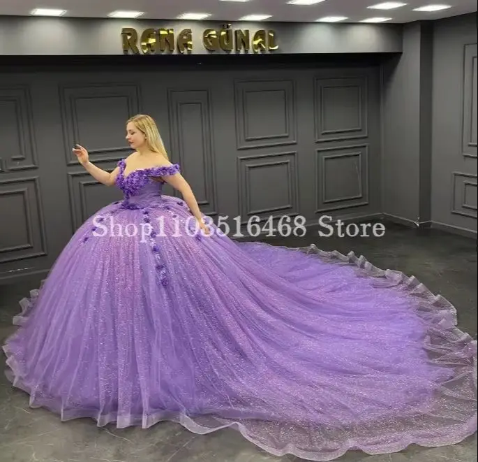 Vestido Quinceanera roxo lilás princesa, um ombro, aplique floral 3D, trem da capela, 16 vestidos, 2022