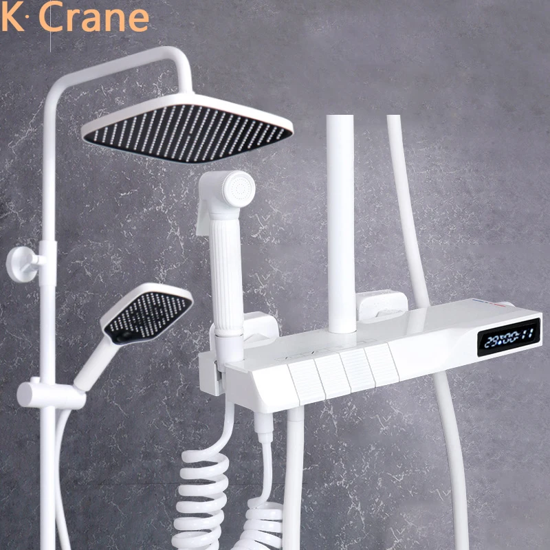 

Digital Shower Set Bathroom Hot Cold Mixer Shower System Wall Mount SPA Rainfall Thermostatic Bath Faucet LED Square White Taps