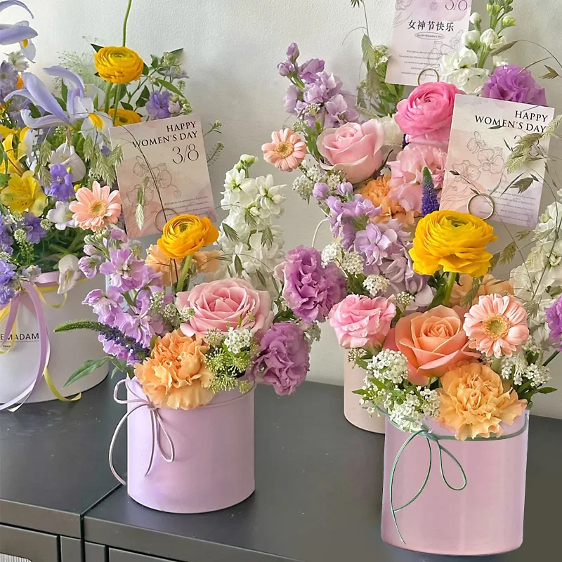 4Pcs Mini Flower Boxes Round Paper Bouquet Gifts Packaging Hug Bucket Home Storage Box Wedding Birthday Party Favors Gift Decor