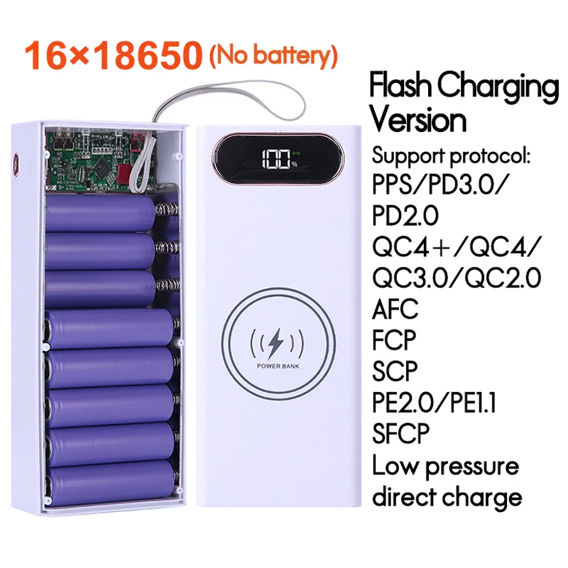 QC3.0 PD 20 واط فلاش شحن انفصال قوة البنك حالة 12/16 18650 بطاريات نوع C مع صندوق تخزين شحن لاسلكي 15 واط