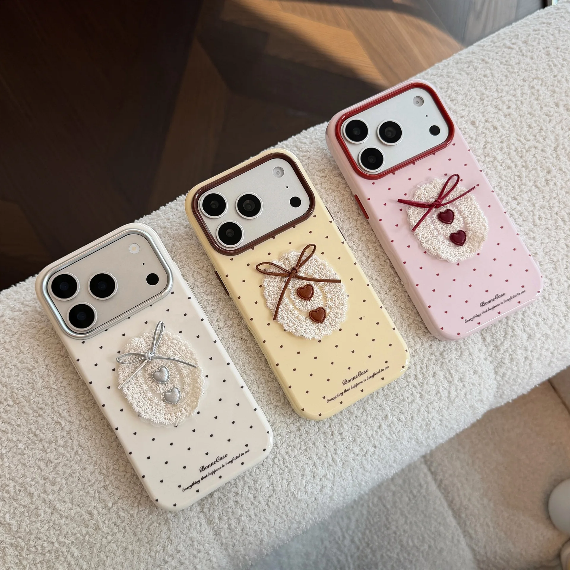 Coque de téléphone à motifs de pois coréens, avec dentelle 3D, cœur et nœud, pour iPhone 18, 17, 16, 15, 14, 13 Pro Max, coque souple antichoc