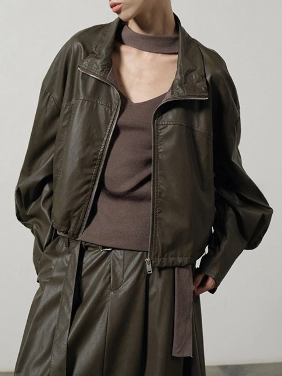 TWOTWINSTYLE الصلبة فضفاض تقسم سستة سترات كاجوال للنساء التلبيب كم طويل المرقعة الرباط سترة جلدية الإناث