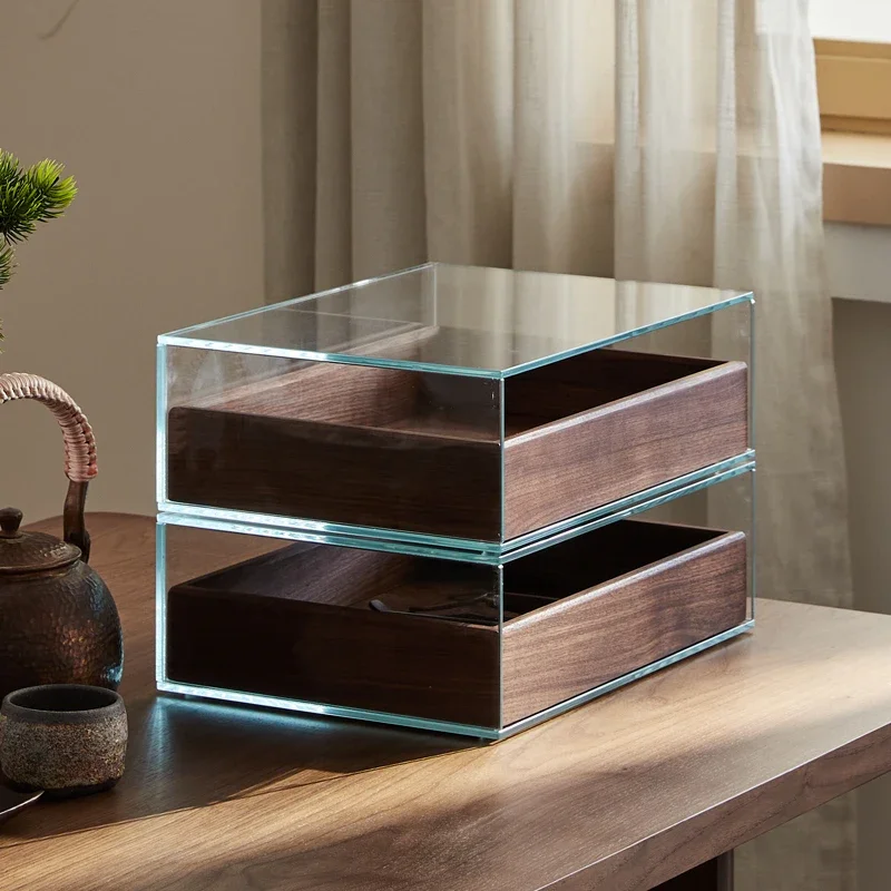 Black walnut solid wood tempered glass desktop storage box, tea set, stationery and accessories, dustproof storage