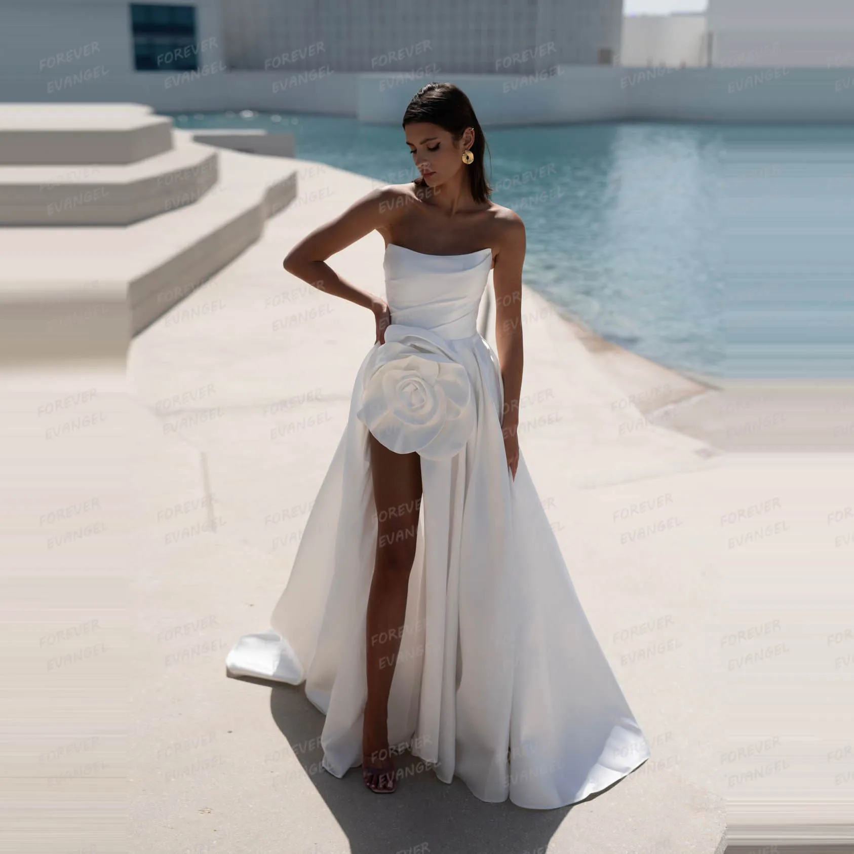 

Simple High Side Split Wedding Dresses A Line Woman's Sexy Sleeveless Satin 3-D Flower Bride Gowns Vestidos De Novia Customized