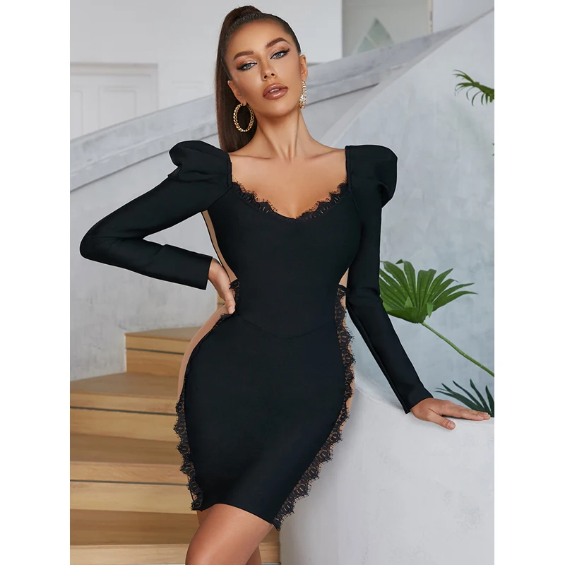 

MSMUSI 2024 New Fashion Women Sexy Solid Lace Mesh Long Sleeve Backless Bandage Bodycon Party Club Event Slim Mini Dress Vestido