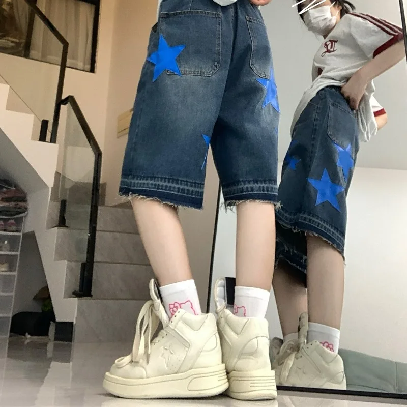 Amerikanische hoch taillierte elastische Krawatte Mode Damen Sommer Fünf-Punkte-Hip-Hop lose gerade Bein weites Bein lässige Jeans hose