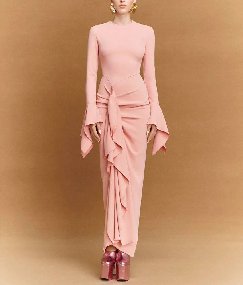 

Lzhk Customized Classic Jersey Straight Ruffles Evening Dress Fashion O-neck Long Sleeves Floor Length Bespoke Occasion Gowns