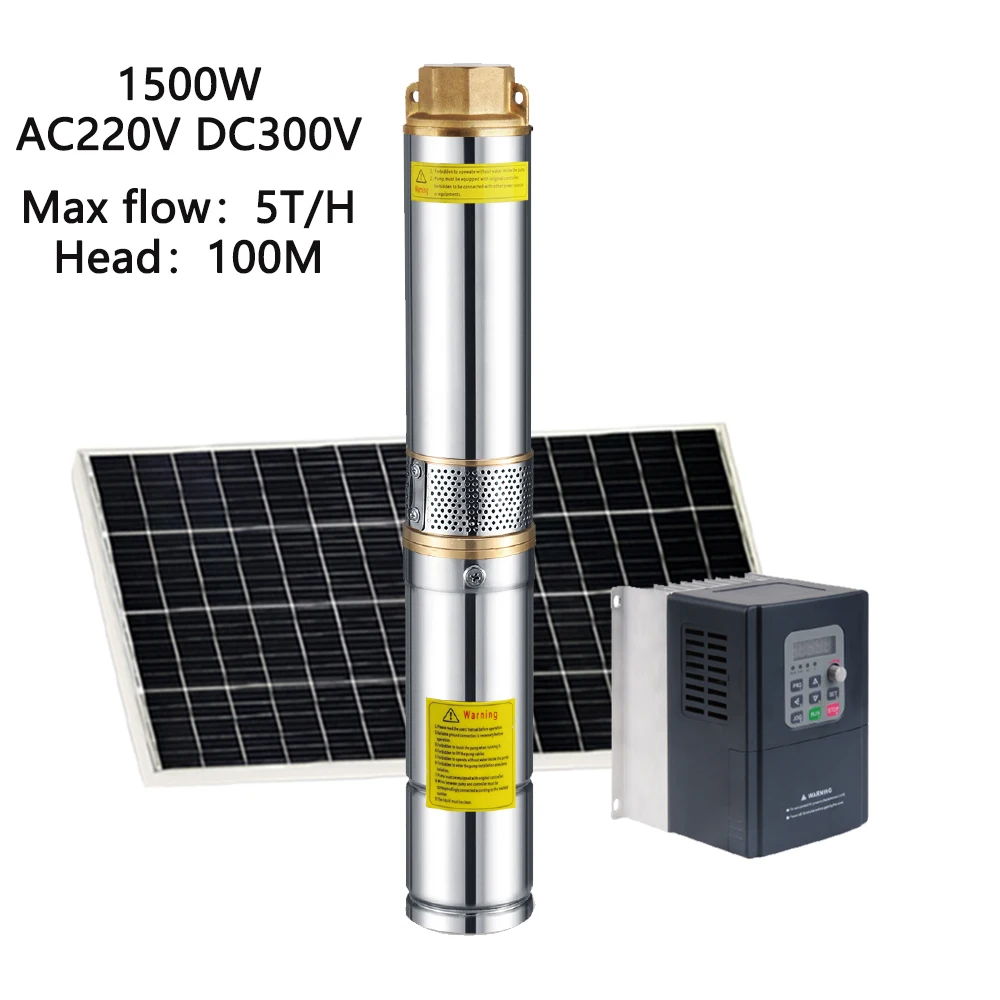 2HP AC220V DC300V Solar Water Pump With External Controller High Efficiency Solar Stainless Steel Deep Well Pump Max Flow 5T/H