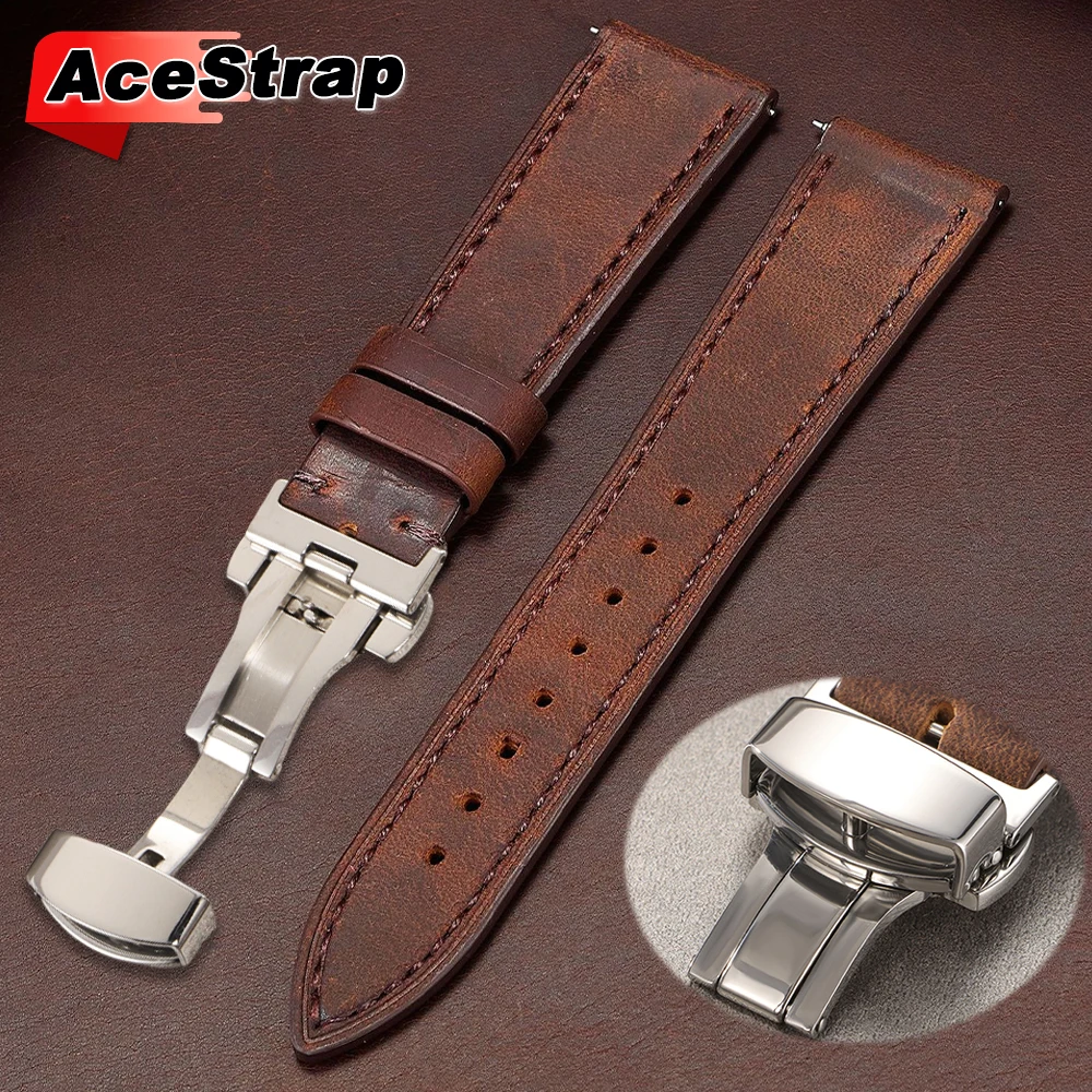 Cinturino per orologio vintage a sgancio rapido per cinturino per orologio Huawei 22mm 18mm 20mm Cintura in pelle di vacchetta con fibbia pieghevole a farfalla per braccialetto Seiko