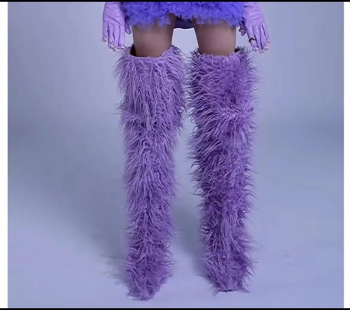 2023 Green Purple Feather Fur Tassel Thigh Boots High Heels Over The Knee Boots Shoes Woman Bird Fur Coved Runway Boots 44