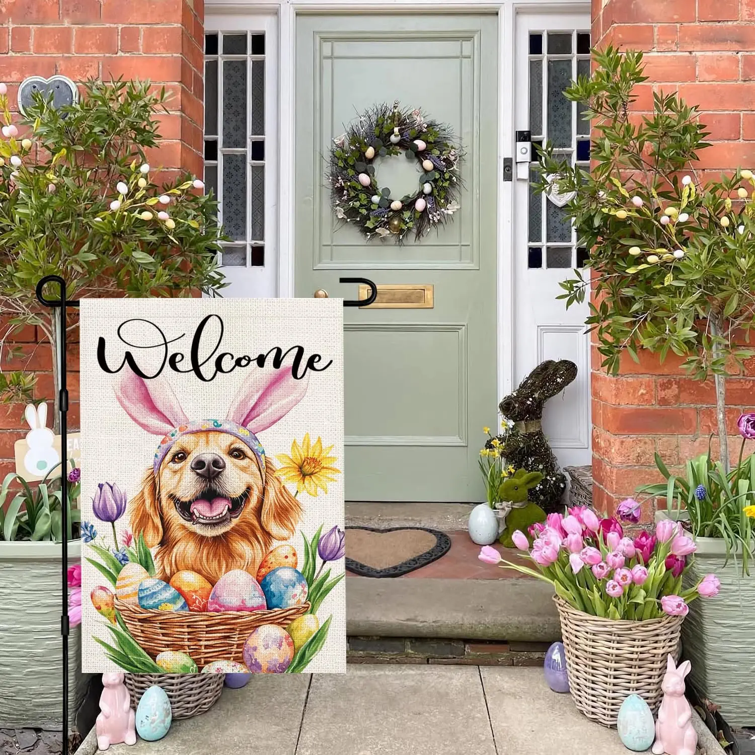 Easter Dog Garden Flag 12x18 Inch Double Sided Golden Retriever Easter Eggs Flowers Small Burlap Yard Flag for Outside UUL EEZ