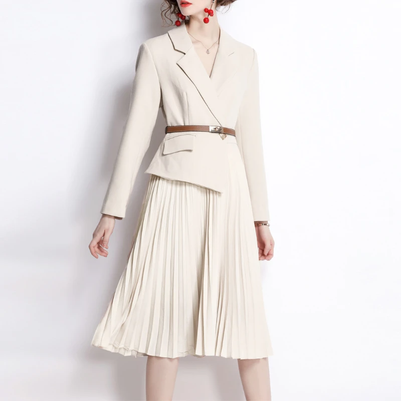 

Autumn Fake Two-piece Suit Pleated Dress Temperament Long Sleeved Patchwork Belted Drape A-line Midi Dress