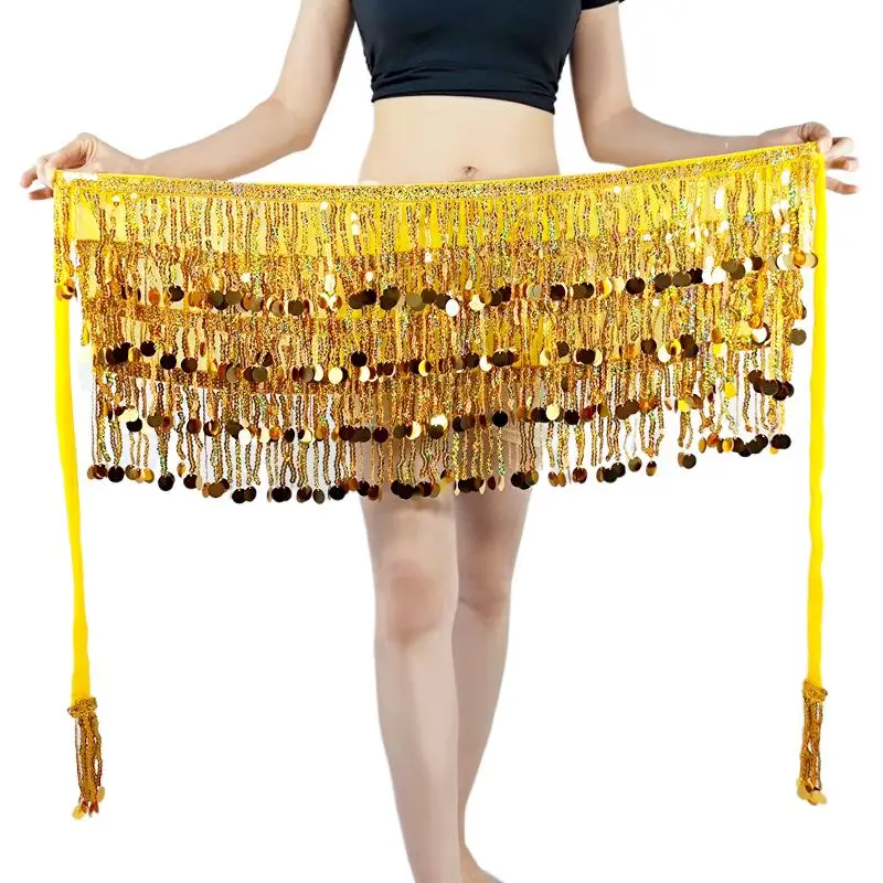 Sparkly Sequins Multilayer Belly Dance Belt Skirt Costume Tassel Bellydance Hip Scarf for Women Indian Dancing Waist Chain Suit