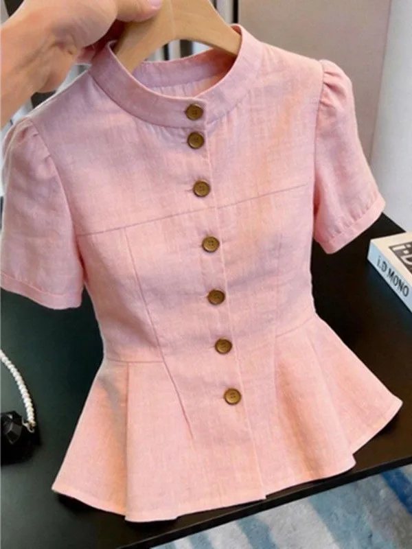 Elegant Retro Style Pink Stand Collar Short Sleeve Shirt Slimming Summer New Arrival High Quality Single Button Women's Top