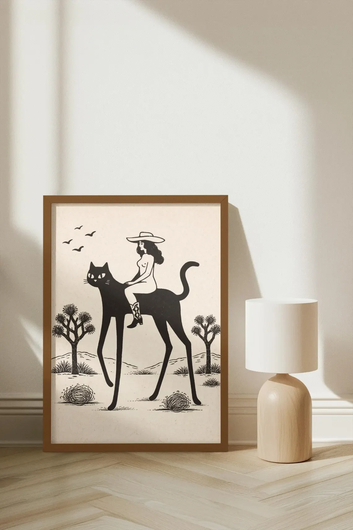 Whimsical Desert Cowgirl Cat Wall Art - Retro Print Celebrating Feline Adventure. The Warm Beige Backdrop and Bold Black Silhoue view 6