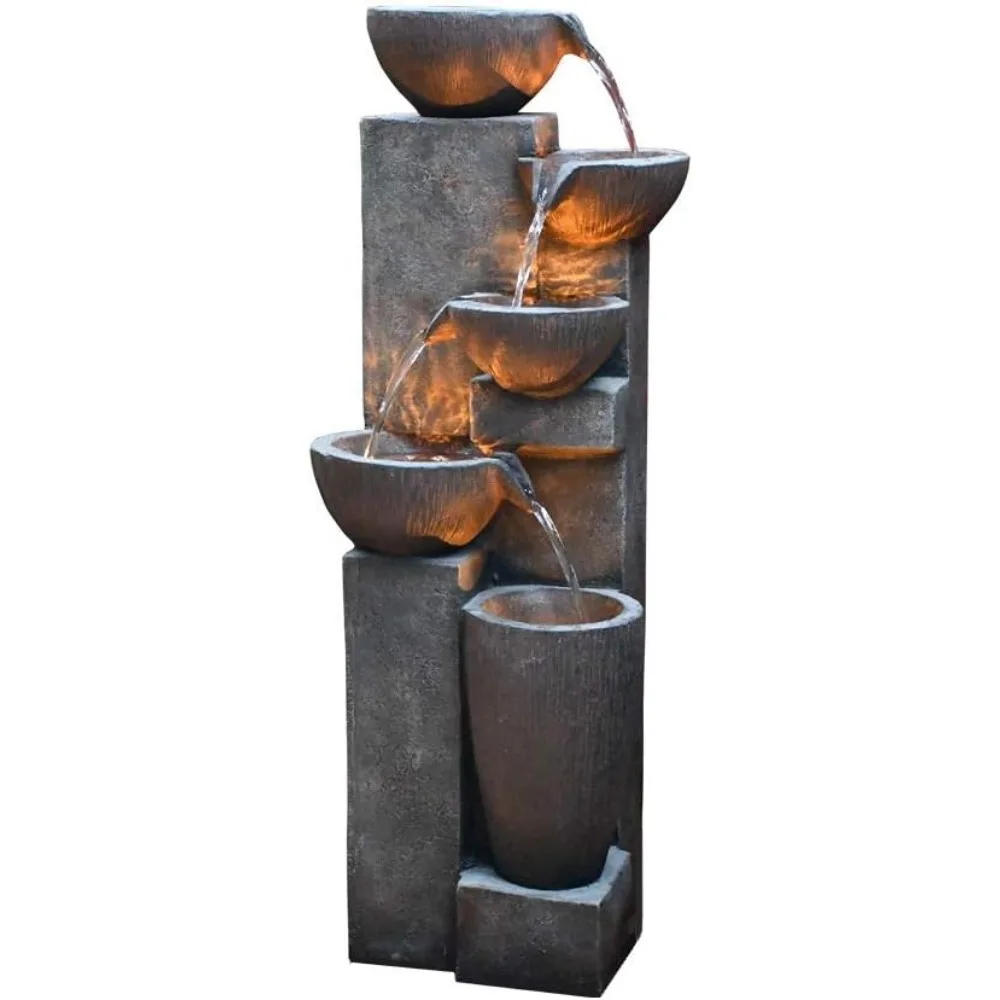 

5-Tier Outdoor Water Fountain Resin Fountain Decor with LED Lighting Natural Polyresin Looking Stone Decor for Garden Patio Fol