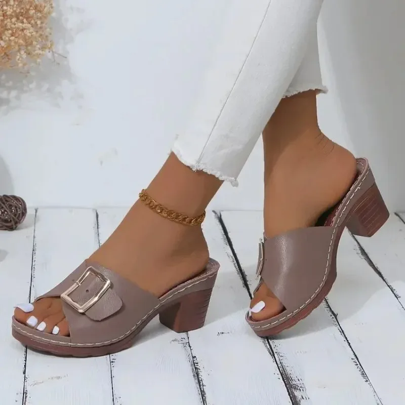 Women Metal Buckle Platform Heel Slippers Summer New Female Beach Sandals  Fashion Woman Casual Open Toe Slides