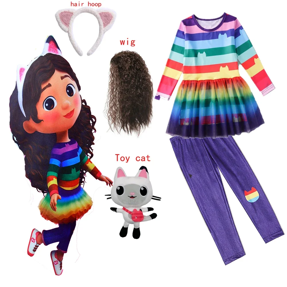 Gabby Cats Baby Girls Summer Gabby's Dollhouse Dress Rainbow stripe Kids Cosplay Princess Toddler Birthday Party Dresses+wig