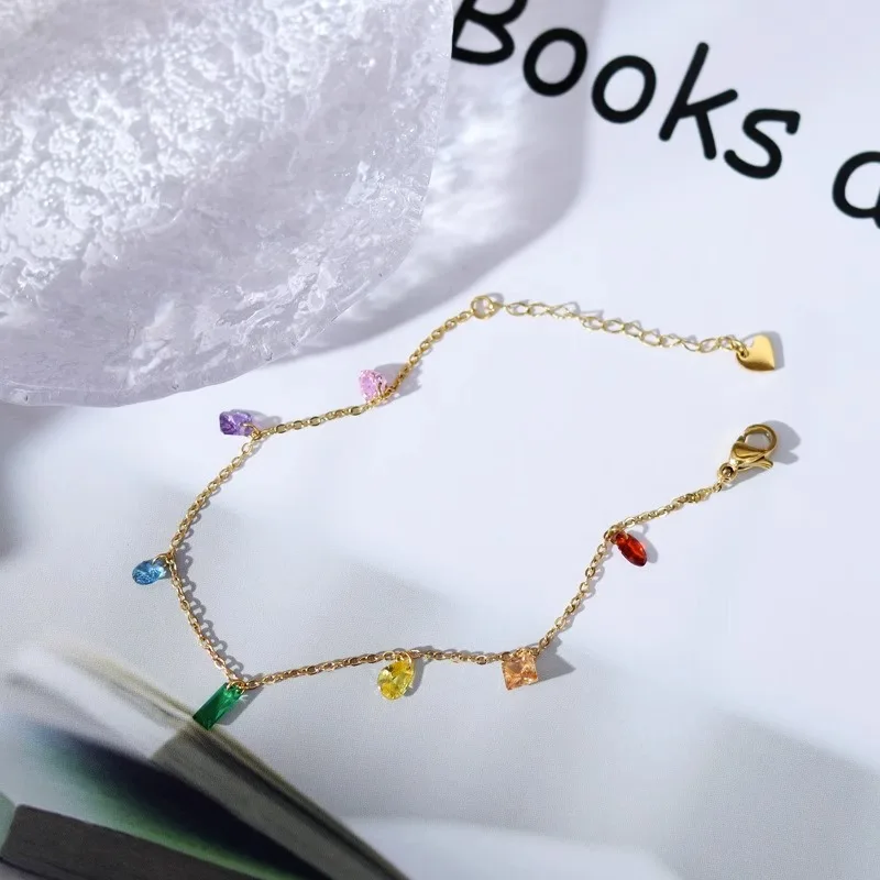 18k Gold Plated Stainless Steel 7 Colors CZ Charm Chain Ankle Bracelet Anklet Beach Barefoot Sandal Foot Jewelry for Women Girl