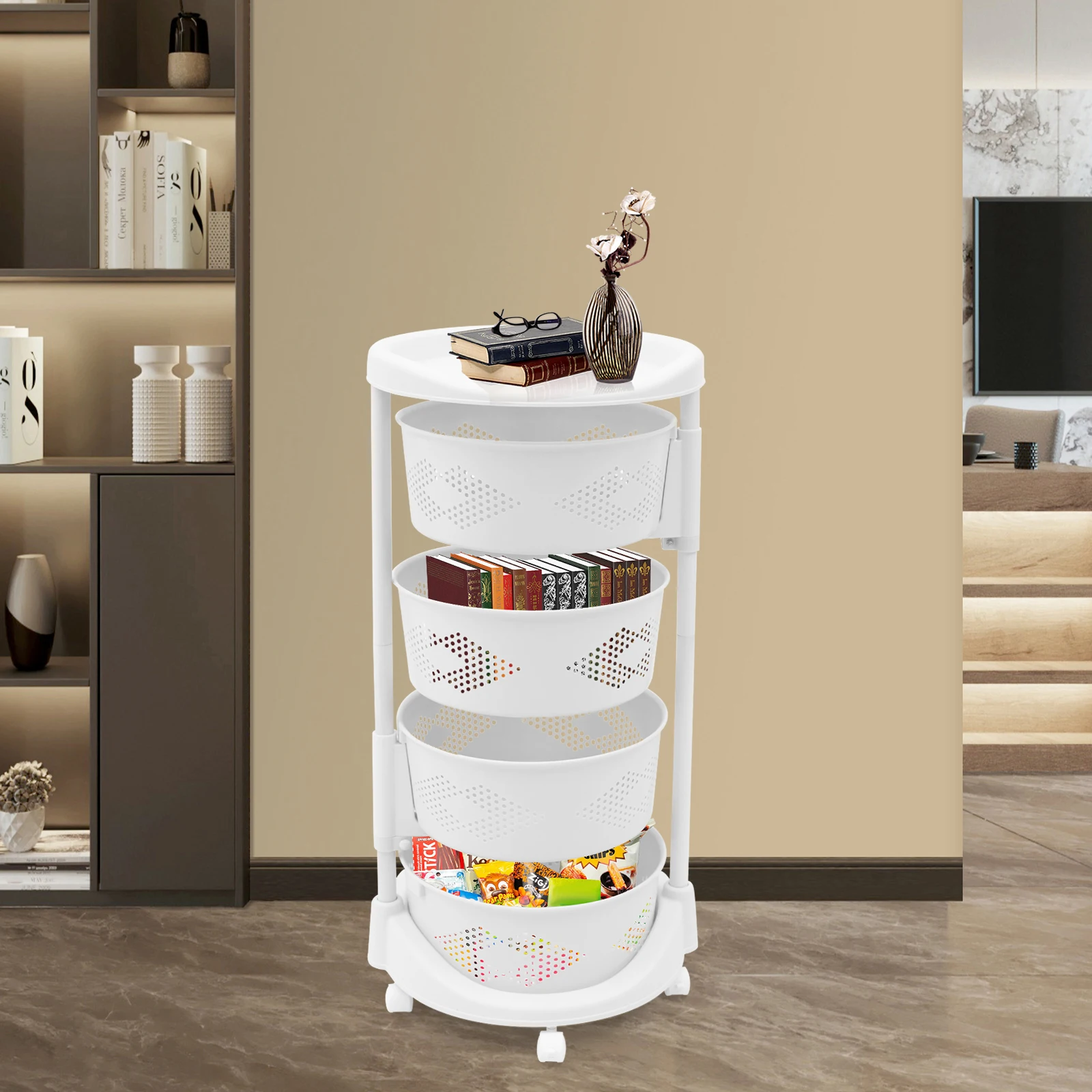 

4-tier 3 Baskets Could Be Rotated Rotating Storage Rack with 5 Universal Wheels (2 with Brakes) for Supplies, Shower Products