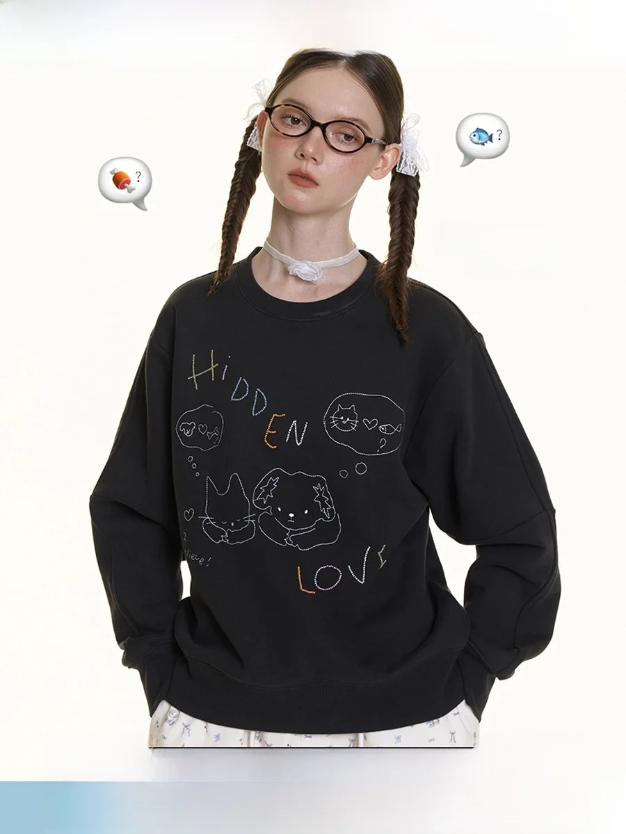 Retro  Dog Embroidered Fleece round Neck Hoodie Women's Loose Fit Long Sleeve Sweatshirt   Bead Filling
