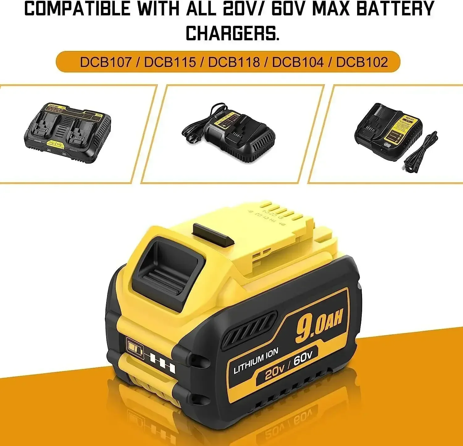 

6.0Ah 9.0Ah 12Ah 60V For Dewalt 18V 20V Battery DCB609 Replacement DCB200 Li-ion Power Tool For Dewalt Batteries With LED Lamp