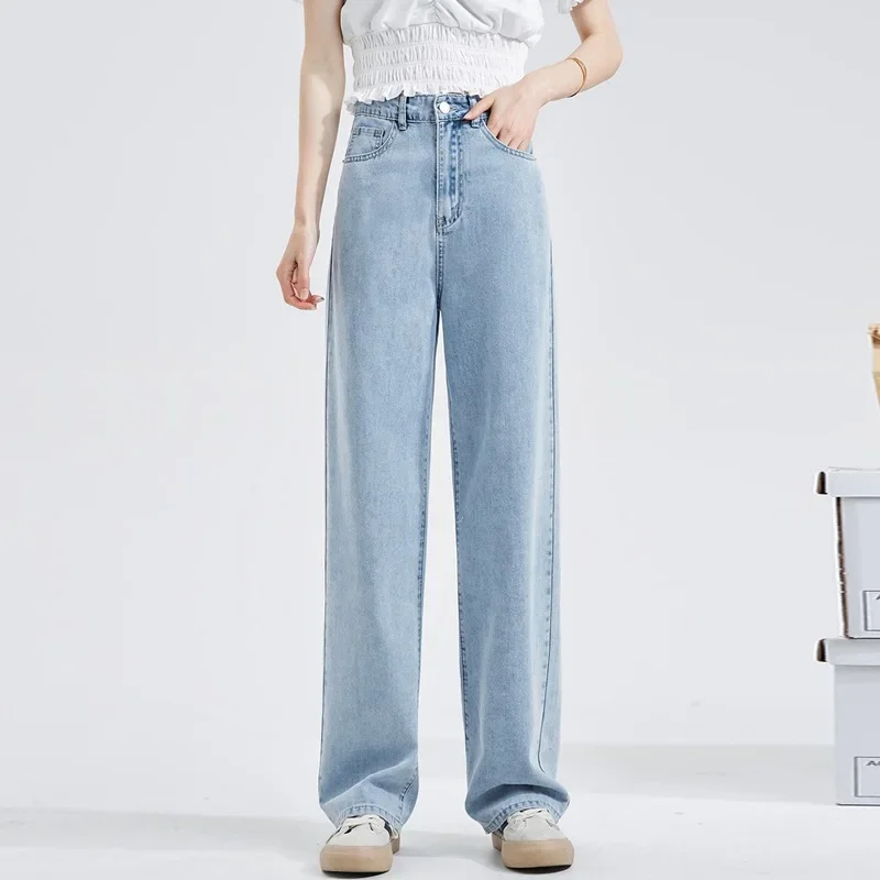 Women Jeans Straight Pants Denim High Waist Loose Fit Pockets Button Basics Wide Leg Trousers Solid Color 2025 Casual Denims