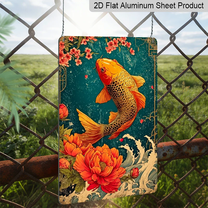2D Flat 1pc Vintage Chinese Lucky Koi Fish Aluminum Wall Art Sign - Asian-Inspired Decoration for Home, Garden, Patio