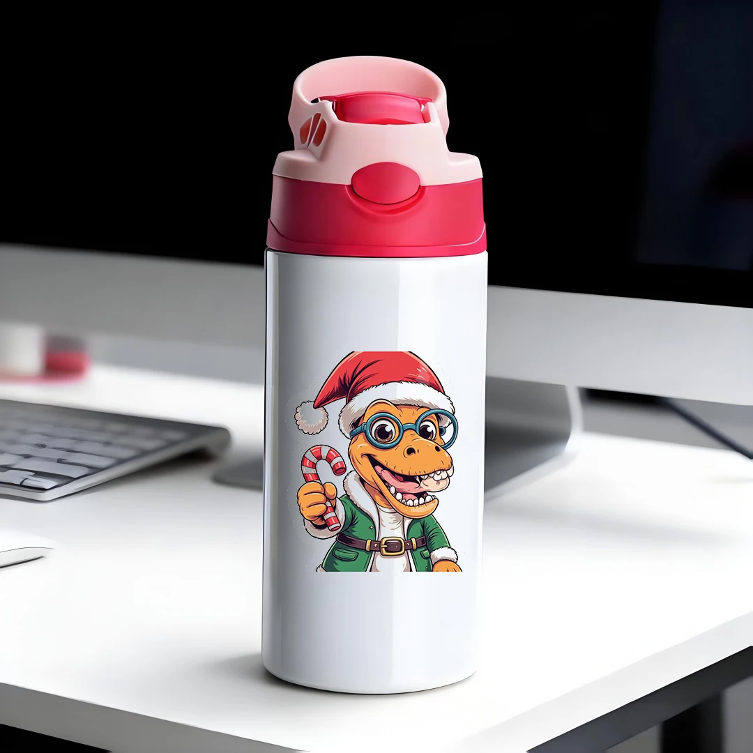 Chapeau de noël dinosaure de dessin animé, tasse isolée en acier inoxydable 304, tasse en paille pour enfants, cadeau de noël élégant et Adorable