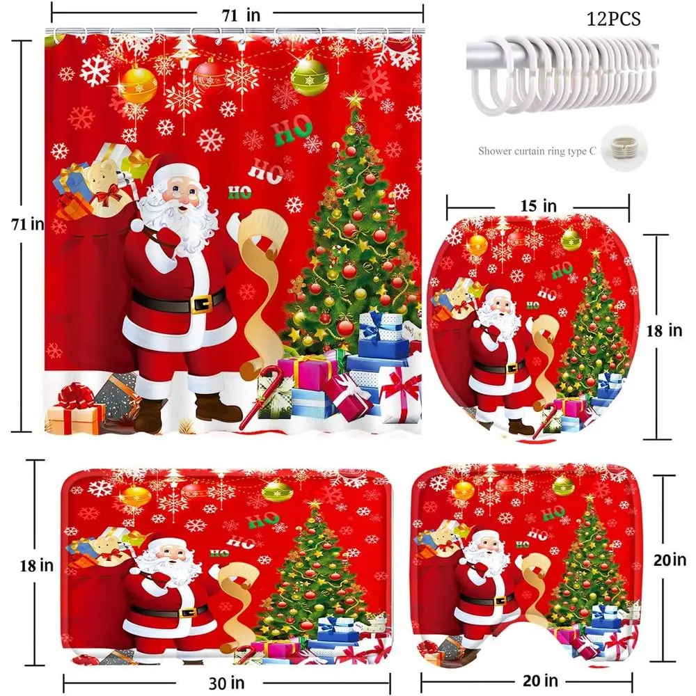 طقم حمام عيد الميلاد مكون من 4 قطع: ستارة حمام وسجاد وغطاء غطاء مرحاض مع سانتا وهدايا