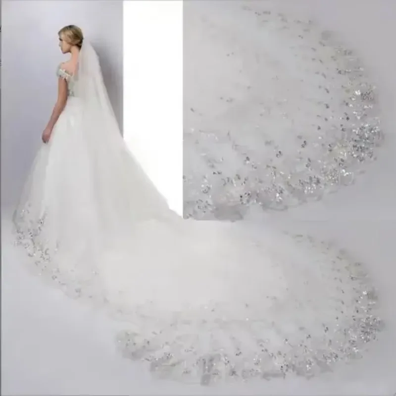 3 meters wide long mesh lace applique wedding veil trailing lace wedding veils bridal