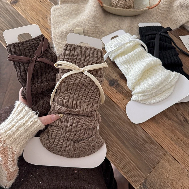 

Solid Color Knitted Leg Warmers Children Autumn/Winter Bow Loose Long Socks Lolita Yarn Korean Style Girls Retro Foot Covers New