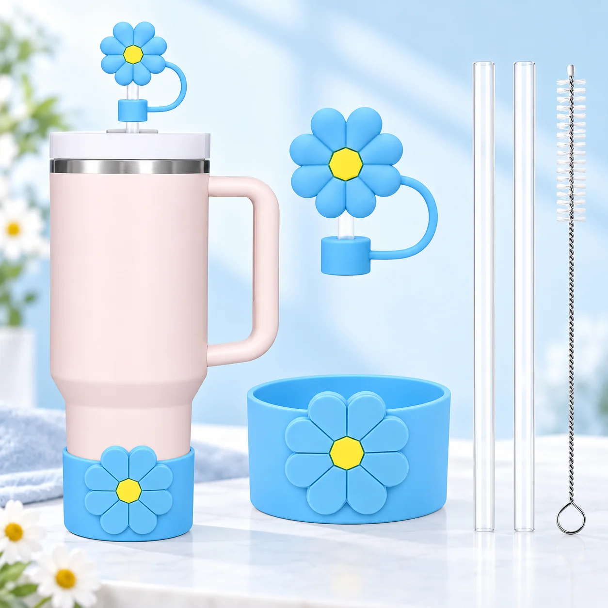 5pcs Cup Accessories Set for Stanley 30oz 40oz Tumbler Cup Including Flower Straw Topper Cover, Silicone Boot and Straw Cap