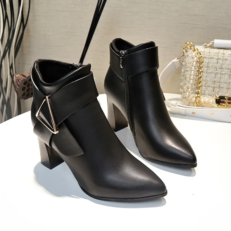 

Autumn winter new pointed short boots women's side zipper thick heel simple fashionable high heels