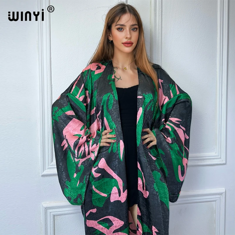 

WINYI 2024 High-quality Double-sided Print Silk feel Dress Beach Wear Boho Cardigan abaya women muslim dress Long Sleeve Kimono