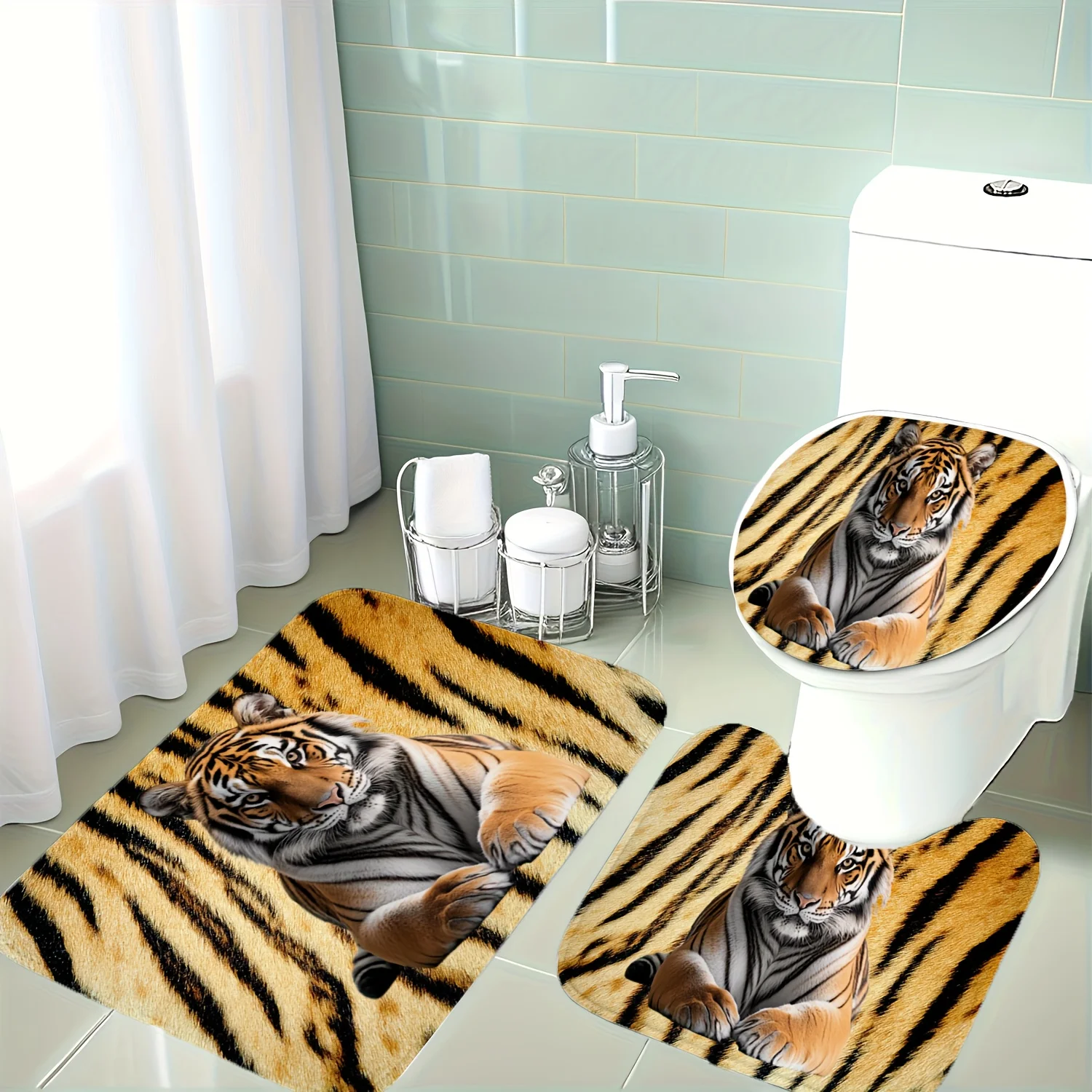 

3pcs Set Tiger Skin Texture Bathroom Mat Set | Polyester, Fabric, Non-Slip, Christmas Decorative, Machine Washable, Golden Yello