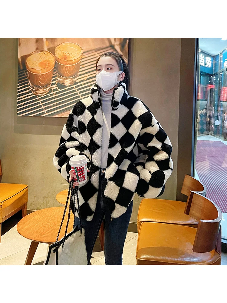 Fashion New Winter Plush Warm Synthetic Fur Black White Checkered Stand Up Collar Loose Casual Simple Comfortable Soft Outerwear