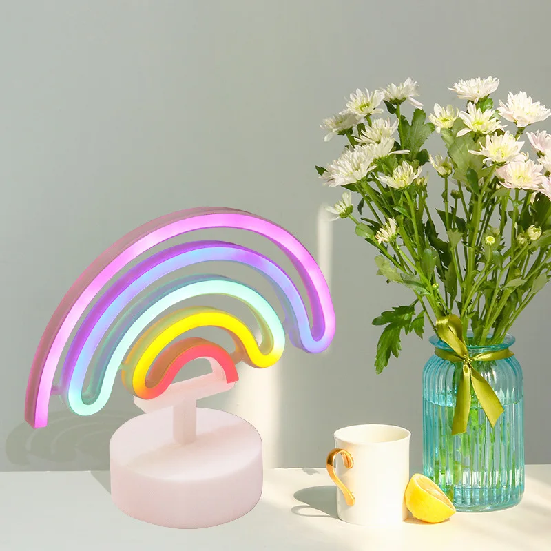 Bateria ou USB Powered LED Rainbow Neon Light, Lâmpada de néon colorida com base de suporte, Nightlight decorativo para quarto do casamento