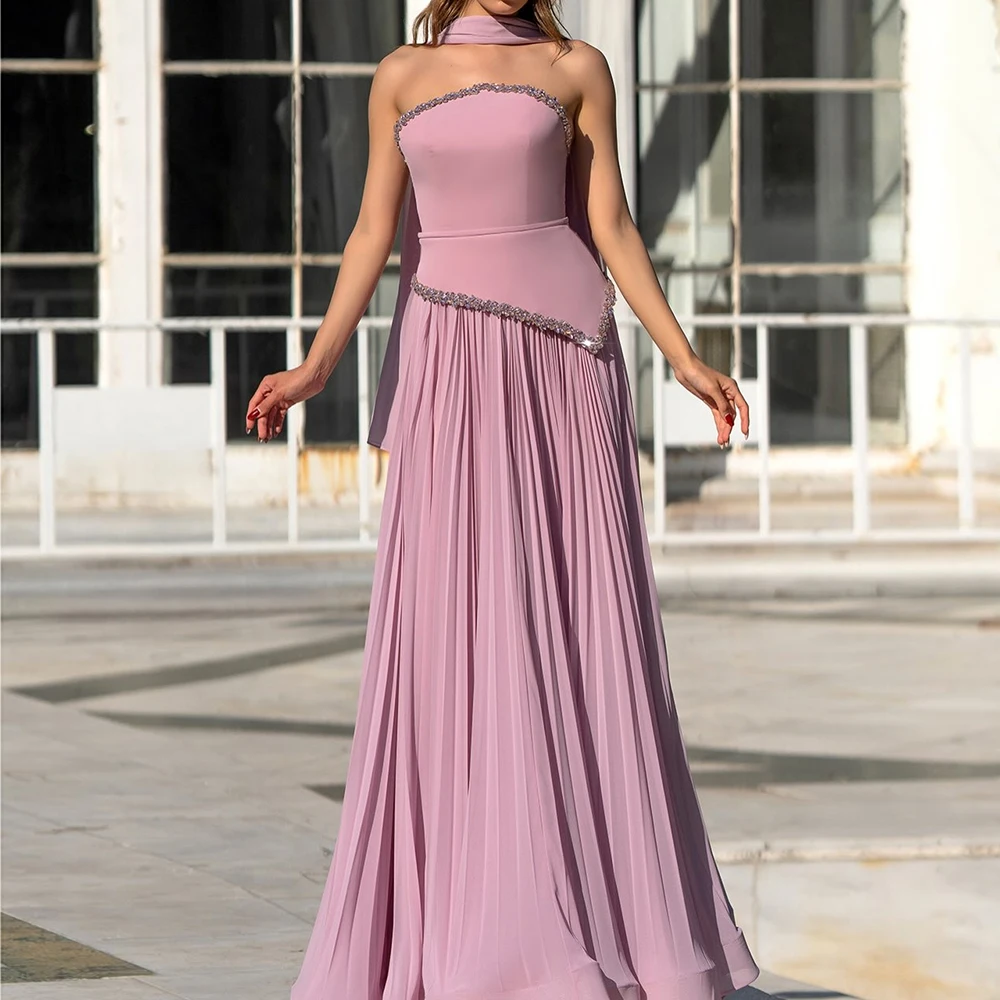 

Women's A-line Evening Dresses Floor-length Strapless Sleeveless Prom Gown Fashion Crystal Simple Stole Draped Customized Gowns