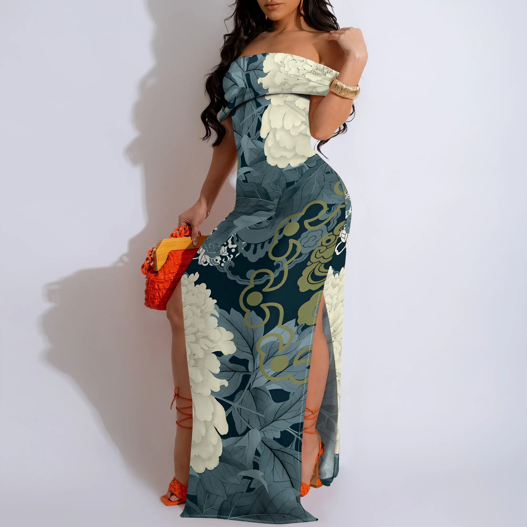 

Women's Summer Fashion Printed Short Sleeve Off-shoulder Splits On Both Sides Maxi Dress for Women Loose Casual Maxi Dress