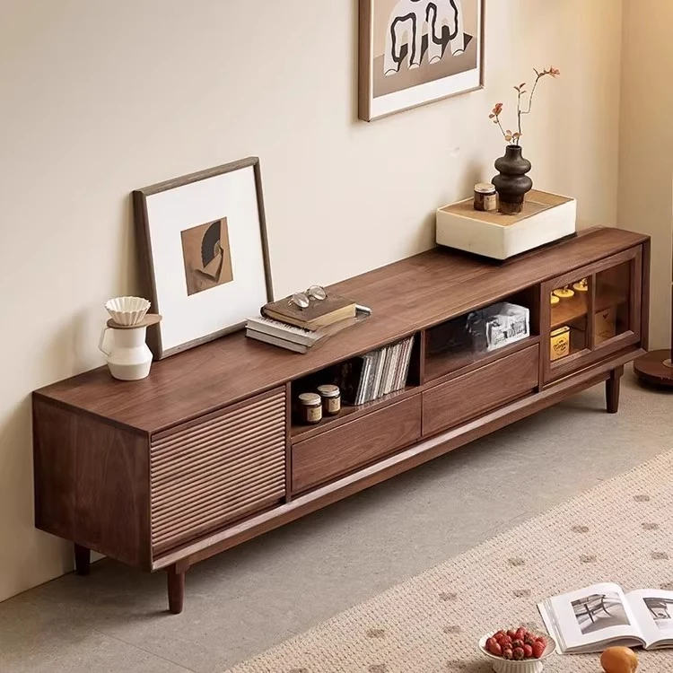 خزانة تلفزيون من خشب البلوط الجوز الأسود، خزانة تلفزيون بسيطة من الخشب الصلب بالكامل، خزانة صوتية وبصرية لغرفة المعيشة المنزلية #2