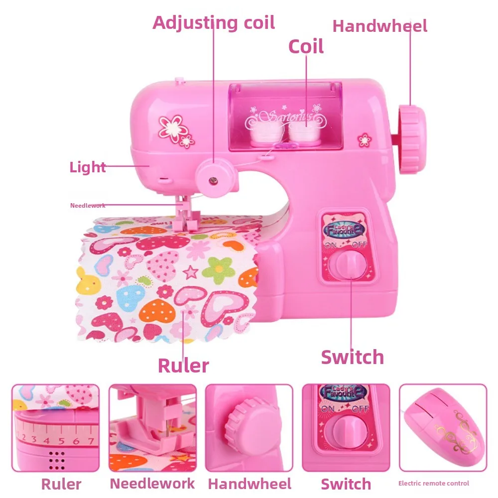 Máquina de coser simulada para niños, máquina de coser portátil con costura eléctrica rosa claro para niño y niña