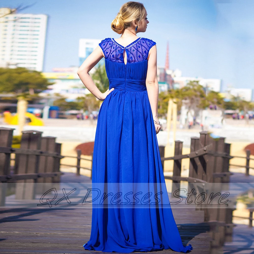 Customized Weilinsha Elegant Royal Blue Cap Sleeves Mother of the Bride Dress A-Line O-Neck Chiffon Long Wedding Party  with Cry