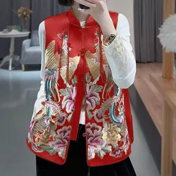 Embroider Phoenix Vest New Chinese Style Tang Clothes Women Luxury Satin Costume Sleeveless Qipao Tops Elegant Hanfu Wear