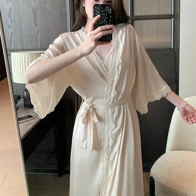 Long Kimono Gown Women Autumn Spring New Loungewear Sleepwear French Style Lace Trim Robe Set Ice Silk Vestidos De Novia