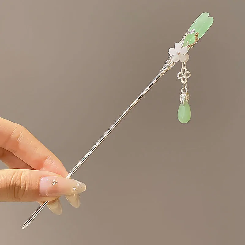 1pc Elegant Chinese Style Green Hairpin Tassel  Stick Traditional Floral Design Hairstyle Accessory Women Sweet Hanfu Hairneedle